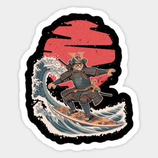 Samurai Cat Surfing Sticker